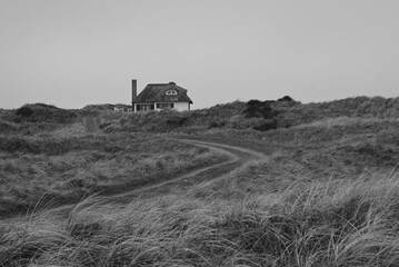 Wall Mural - Winding road in a field leading to a two story house situated on the top of a hill.