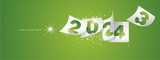 Fototapeta  - Happy new year 2024 and the end of 2023. Winter holiday greeting card design template on lucky green background. New year 2024 and the end of 2023 on white calendar sheets and sparkle firework