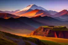 AI Generated Illustration Of Mountain Ranges, Illuminated By A Vibrant Red And Orange Sunset