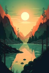 Wall Mural - ai generated illustration of a scenic view of a stunning sunset over a picturesque mountain range