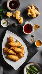 Wall Mural - An AI illustration of chicken nuggies on a plate with dipping sauces