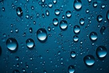 AI Generated Illustration Of Clear Water Droplets On A Blue Glass Surface