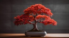 AI Generated Illustration Of A Red Bonsai Tree Is Displayed In A Traditional Vase On A Wooden Table
