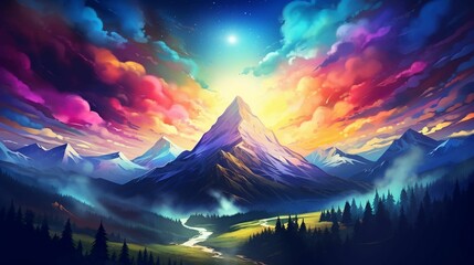 Wall Mural - ai generated illustration of a landscape of the mountains with vibrant clouds illuminating the sky