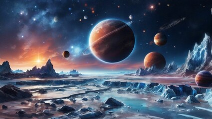 Wall Mural - ai generated illustration of a stunning celestial landscape with a night sky full of planets