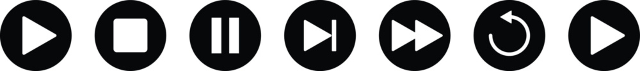 Set of media player button icons. Play, stop, pause, replay, previous, and next track icon vector. Elements for video streaming app