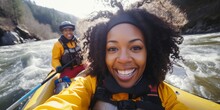 Happy Young African American Woman Doing Whitewater Kayaking, Extreme Kayaking, Concept Of Have Fun With Water Sports.
