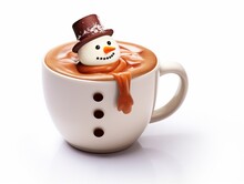 Winter Hot Chocolate With Melted Creamy Snowman Isolated On White Background, Winter Seasonal Special Hot Mocha Drink.