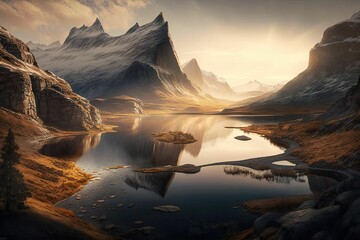 Wall Mural - ai-generated illustration of a beautiful lake with mountains at sunset.