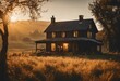 AI generated illustration of a rustic farmhouse in a countryside setting at golden hour