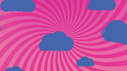 Animation of blue clouds with mobile applications icons over pink striped background