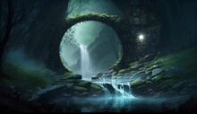AI Generated Illustration Of A Stone Bridge Over A River With A Waterfall Cascading Down
