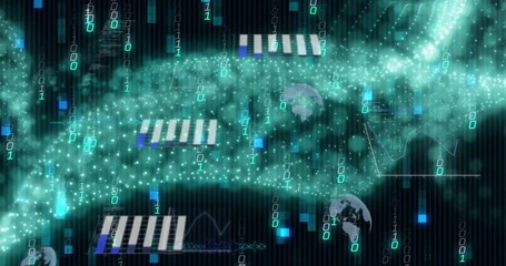 Wall Mural - animation of binary codes moving in wave patterns over globes and graphs