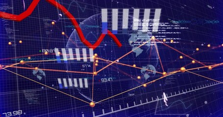 Wall Mural - animation of red line graph showing loss over globe with connected dots and programming language