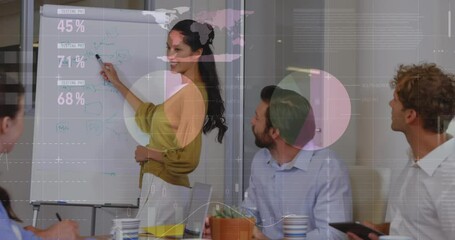 Wall Mural - Animation of infographic interface over diverse female explaining reports on whiteboard to coworkers