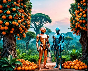 AI generated illustration of two robots stand outside in front of a lush orange tree