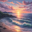 AI generated illustration of a stunning sunrise  over a tranquil beach with a rocky shoreline