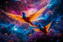 Two Vibrant Vibrant Blue Birds With Their Wings Outstretched In A Futuristic Setting
