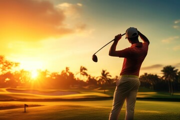 Wall Mural - East Indian Male Golf Tour Pro On Felt Golfing At Sunset Generative AI