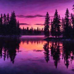 Wall Mural - ai generated illustration of a vibrant purple sunset sky reflecting in a lake surrounded by trees