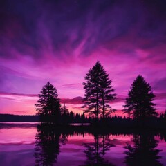 Wall Mural - ai generated illustration of a vibrant purple sunset sky reflecting in a lake surrounded by trees