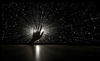 Wall Mural - ai generated illustration of a person's hand in the foreground of a glowing star-filled night sky