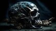 AI generated illustration of a human skull in a rocky cavern