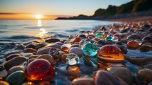 AI Generated Illustration Of A Vibrant Display Of Multi-colored Glass Stones In A Beach