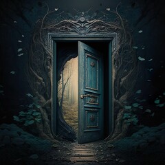 Wall Mural - an open blue door into a forest area at night, with leaves in the fore