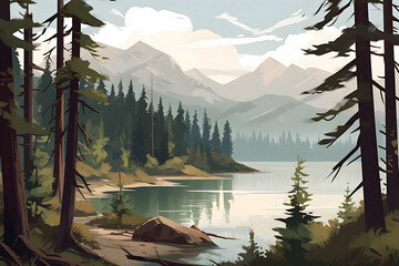 Wall Mural - AI generated illustration of a tranquil mountain lake surrounded by lush forested hills