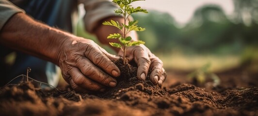 AI generated illustration of a farmer planting a sapling in a soil