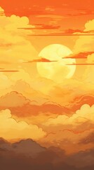 Wall Mural - AI generated illustration of a breathtaking mountain bathed in the warm hues of an orange sunset