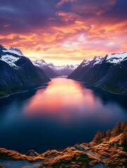 Wall Mural - AI generated illustration of  a stunning mountain range and a lake at sunset