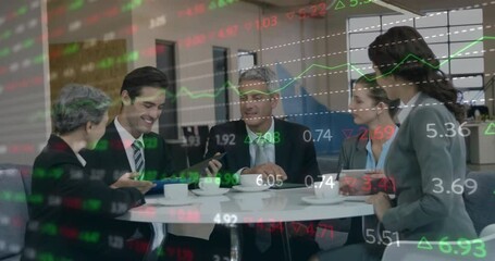 Poster - Animation of financial data processing over diverse business people in office