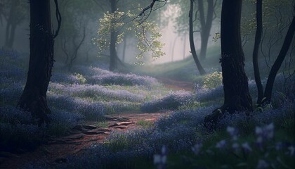 AI generated illustration of purple flowers in the forest