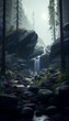 AI generated illustration of a nighttime forest scene featuring a lush waterfall cascading