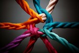 Fototapeta  - Different ropes are woven into a knot. Teamwork concept. Background with selective focus and copy space