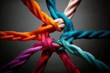 Different ropes are woven into a knot. Teamwork concept. Background with selective focus and copy space