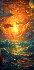 Wall Mural - ai generated illustration of a stunning painting of a boat at sunset over the tranquil ocean