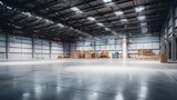 Fototapeta Pomosty - A Empty warehouse with concrete floor inside industrial building Use it as a large factory, warehouse, hangar or factory. Modern interior with steel structure with space for an industrial background.