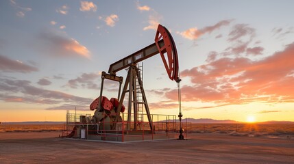 A Oil drilling machine in the desert, Industry, energy industry, gas station at sunset.