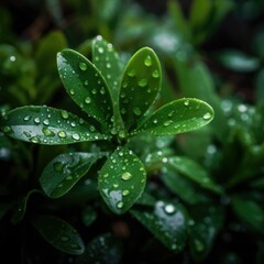 Poster - AI generated illustration of a close-up of a vibrant green plant with dew droplets on its leaves