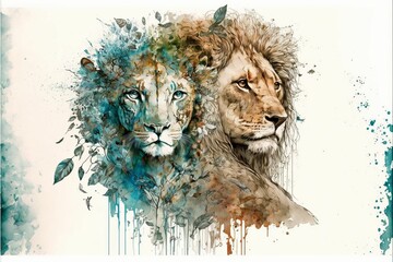 AI-generated illustration of two lions portrait with blooming leaves on a white background