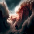 AI-generated illustration of Moses in a red cloak splitting the Red Sea in Half