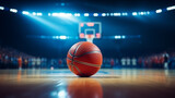 Fototapeta Sport - Close up of basketball ball on a large court arena floor. Basketball stadium. World basketball day