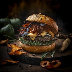 AI-generated illustration of a hamburger on the dark background