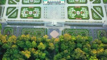 Aerial View Of The Royal Palace In Warsaw. Poland. Wilanow Palace. Flying Drones Over The Royal Palace, A Beautiful Building Facade At Sunny Autumn Day