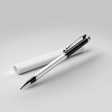 AI Generated Illustration Of A Metal Signature Pen And A Paper Roll Isolated On Grey Background