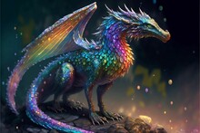AI Generated Illustration Of A Magical Rainbow-colored Dragon On The Empty Background