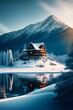 AI-generated illustration of the cabin reflected in lake in the snow-covered mountainous forest
